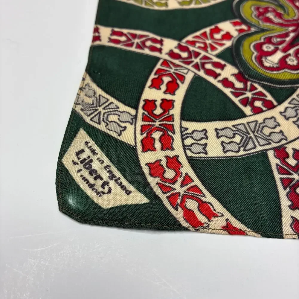 Liberty of London Green Red Cream Brocade Silk Scarf 27.25” Square